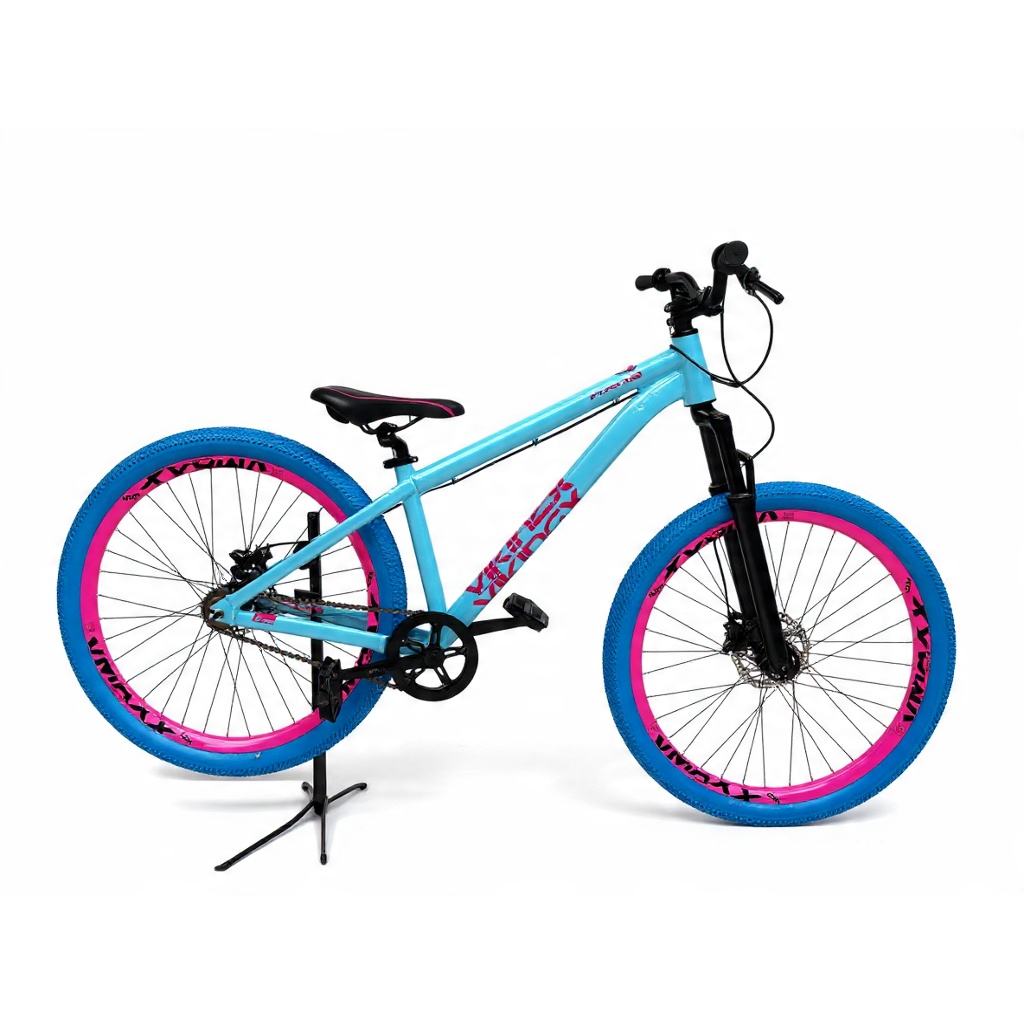 Bicicleta VikingX Aro 26 Tuff 38 Azul Rosa Single Freio a disco Roda VMAXX rosa Pneu azul