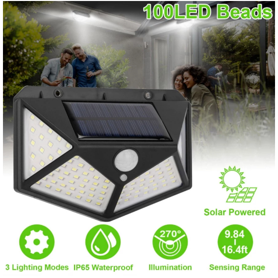 Luminária Solar 100 Led Com Sensor Prova D'Água Refletor Solar Parede LedSolar Luminaria para Jardim