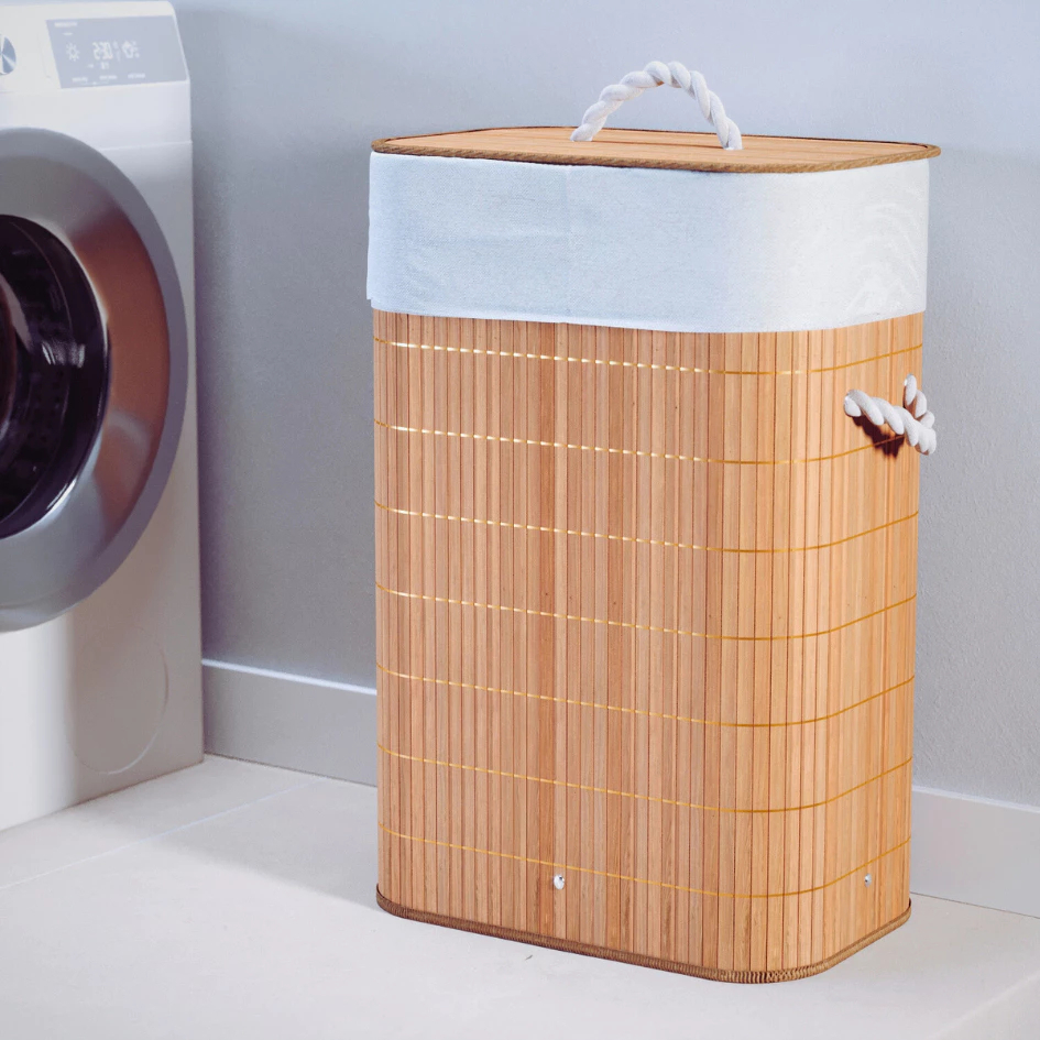 Cesto De Roupa Suja Bambu Dobravel Organizador 72L Forrado Banheiro 60cm Grande Cesto Retangular