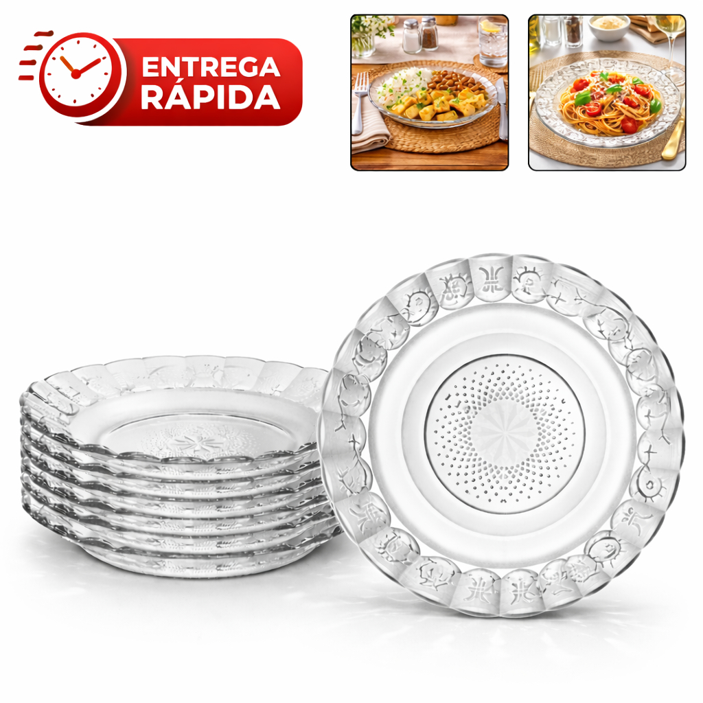 Pratos de Vidro Fundo Transparente Kit Até 12 Peças Jogo Egípcio Resistente Jantar Conjunto de Mesa em Oferta na Shopee