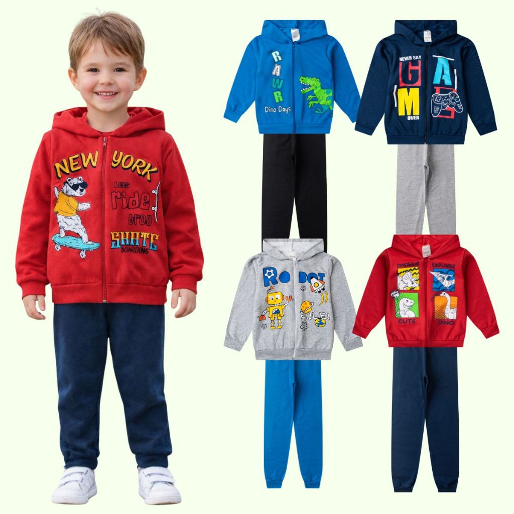 Kit 04 Peças 1 ao 8 Roupa Infantil Masculino Moletom Capuz Menino Inverno Conjunto Barato Estiloso