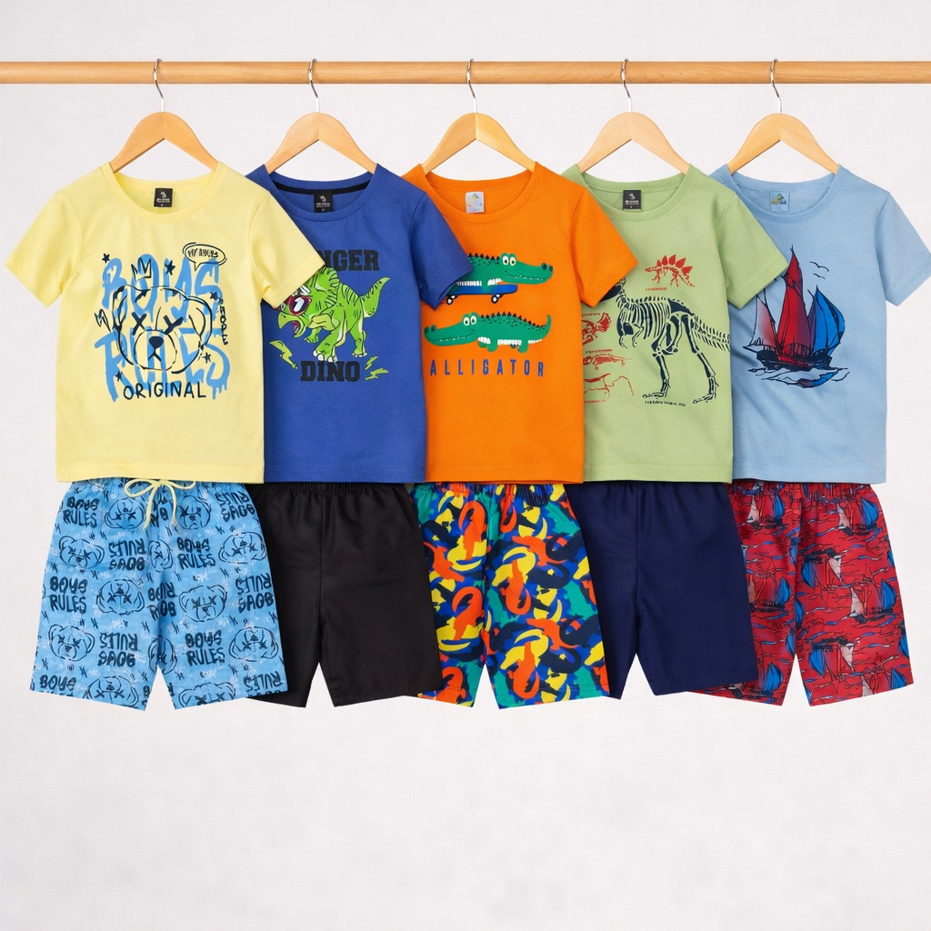 Kit 5 Conjuntos Infantis Menino 10 Peças 5 camisetas + 5 Bermudas Estampas Sortidas