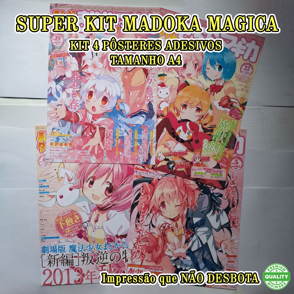Kit 4 Pôsteres Adesivos Madoka Magica Anime Decoração Quarto A4 20x28cm