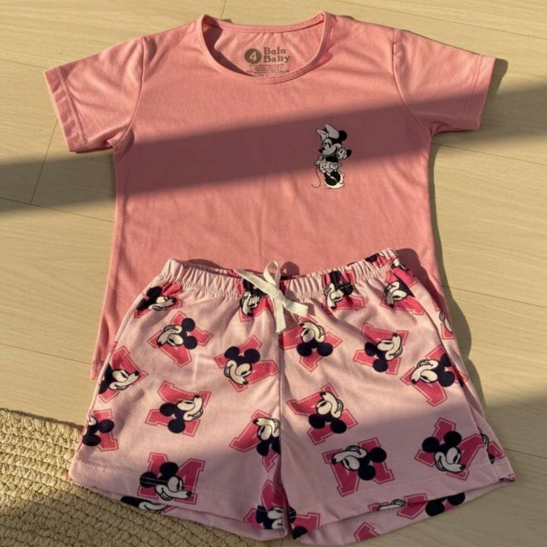Pijama Infantil Menina Manga Curta Minnie pijaminha soninho conjunto shorts e blusa 2 ao 8 Malha PV