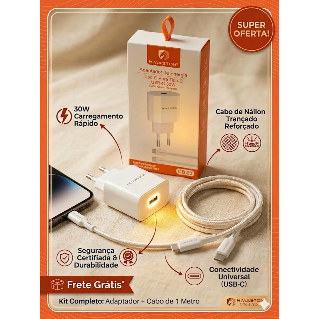Carregador Turbo Tipo C para Tipo C Rápido Bivolt Para iPhone, Samsung e Motorol