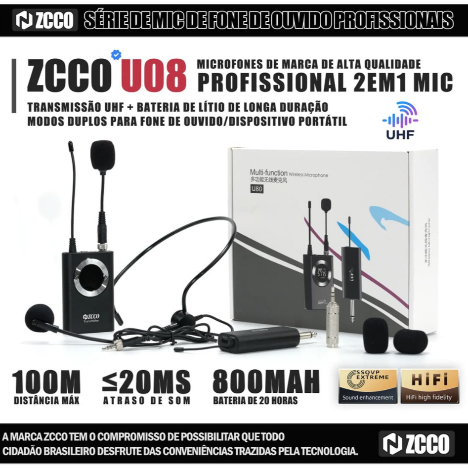 ZCCO Microfone Sem Fio Profissional UHF 100m c/ Bateria 10800mAh, 3 em 1 (Headset/Lapela/Mão) Estojo Transporte p/Live
