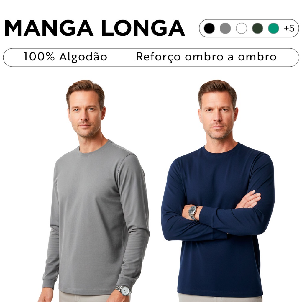 Kit 2 Camisetas Manga Longa 100% Algodão Masculina Lisa Slim Premium C/ Punho Gola Redonda Camisa Manga Comprida Inverno