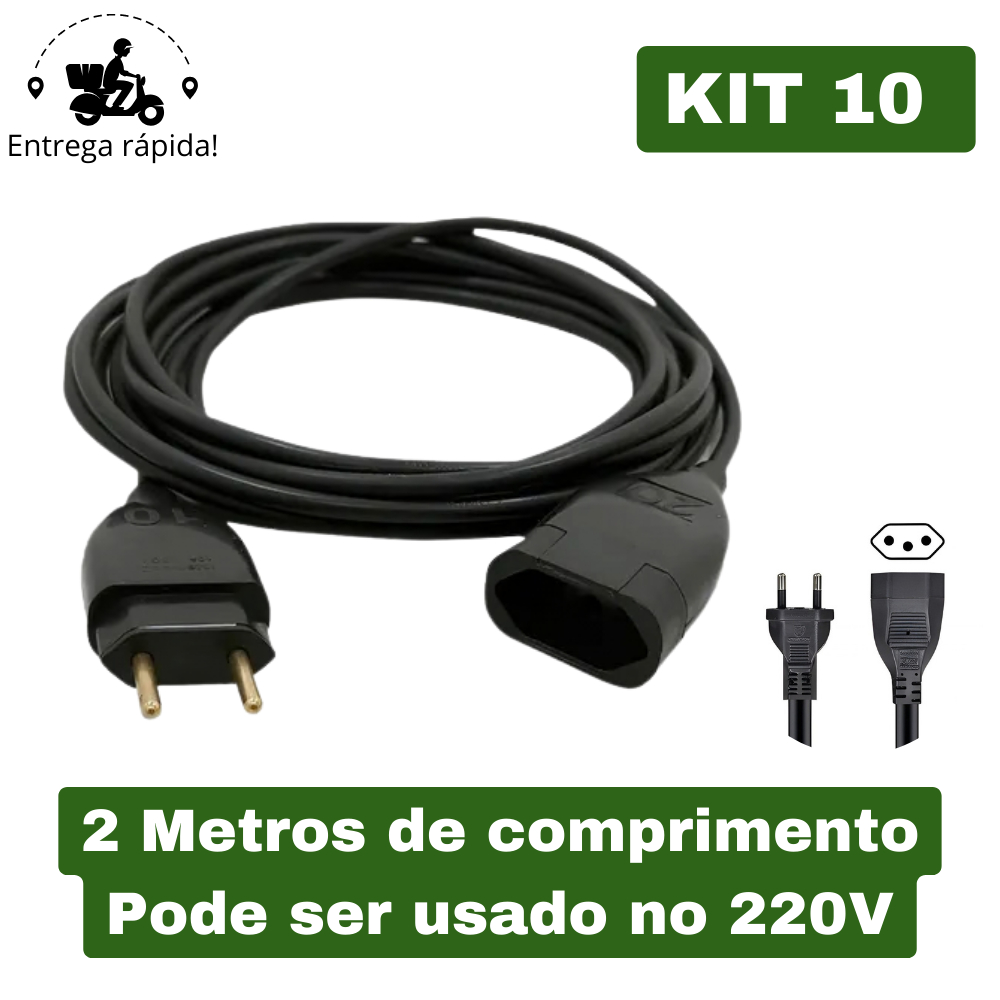 Kit 10 Extensão Elétrica Prolongador Preto Extensor de Cabo 2 Metros Bivolt 110v e 220v