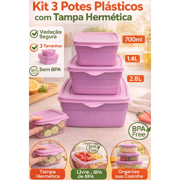 Kit 3 Potes Plásticos com Tampa Hermética BPA Free 700ml 1400ml 2800ml Porta Alimentos Mantimentos Marmita Organizador em Oferta na Shopee