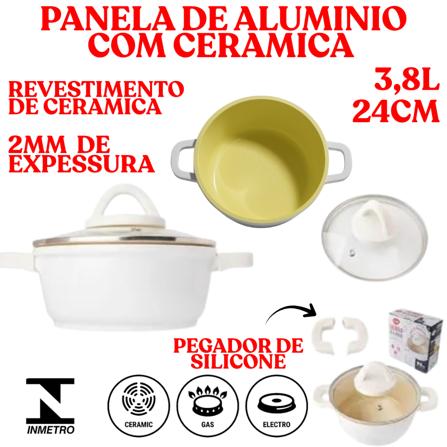 Caçarola Panela Aluminio 24CM 3,8L De Ceramica Revestido Com Aluminio Antiaderente Branca Clink 2MM