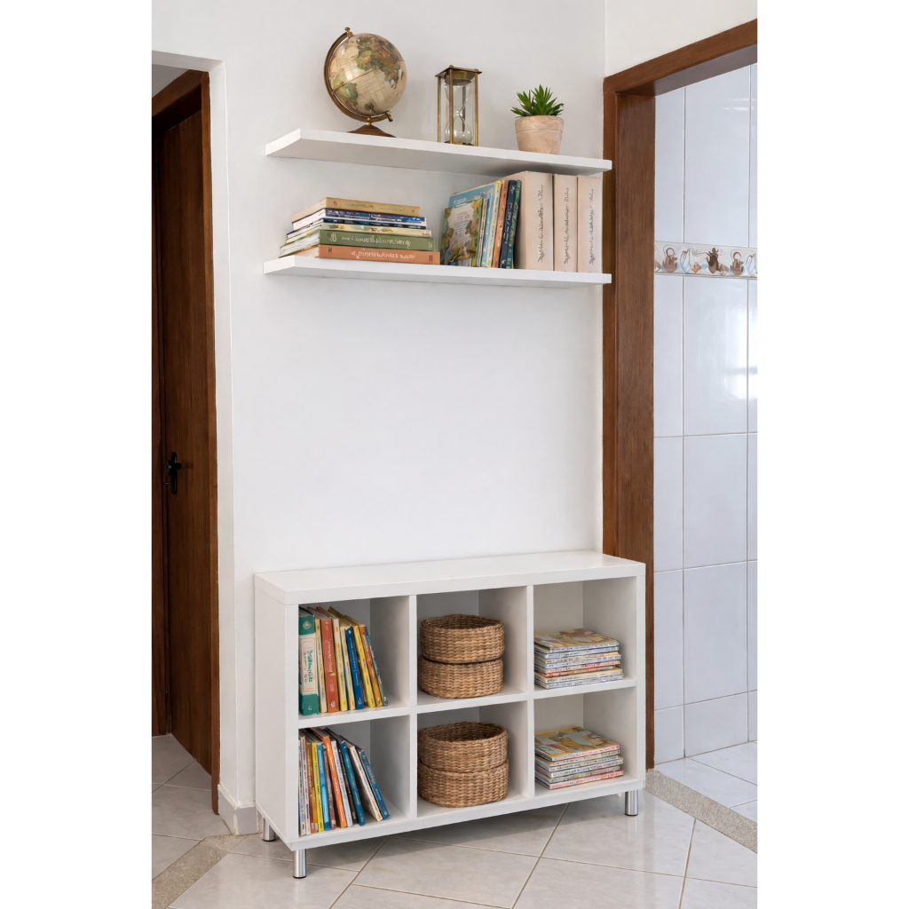 kit Prateleira e Nicho de chão Branco 100% MDF com pezinho de ferro cromado, organizador e estante de livro multiuso.