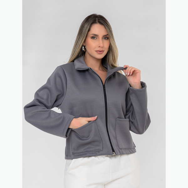 Casaco Jaqueta Feminina Manga Longa Lã Batida Canelado Gola Polo Com Bolso Funcional e Zíper Casual Elegante Inverno