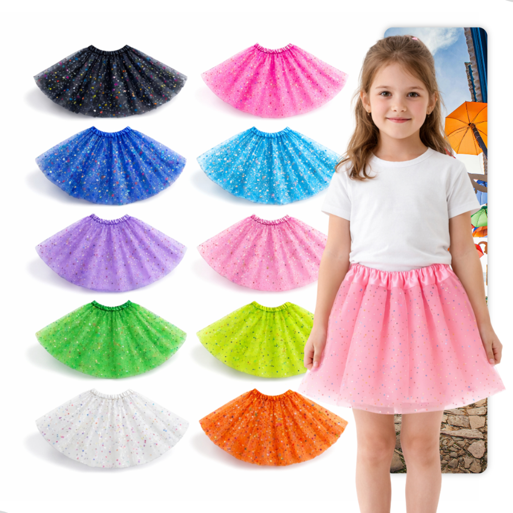 Saia Tule Criança Colorida C/ Brilho Tutu 30cm Carnaval Festa Junina Glitter Hallowen Ballet Dança Princesa Três Camadas em Oferta na Shopee