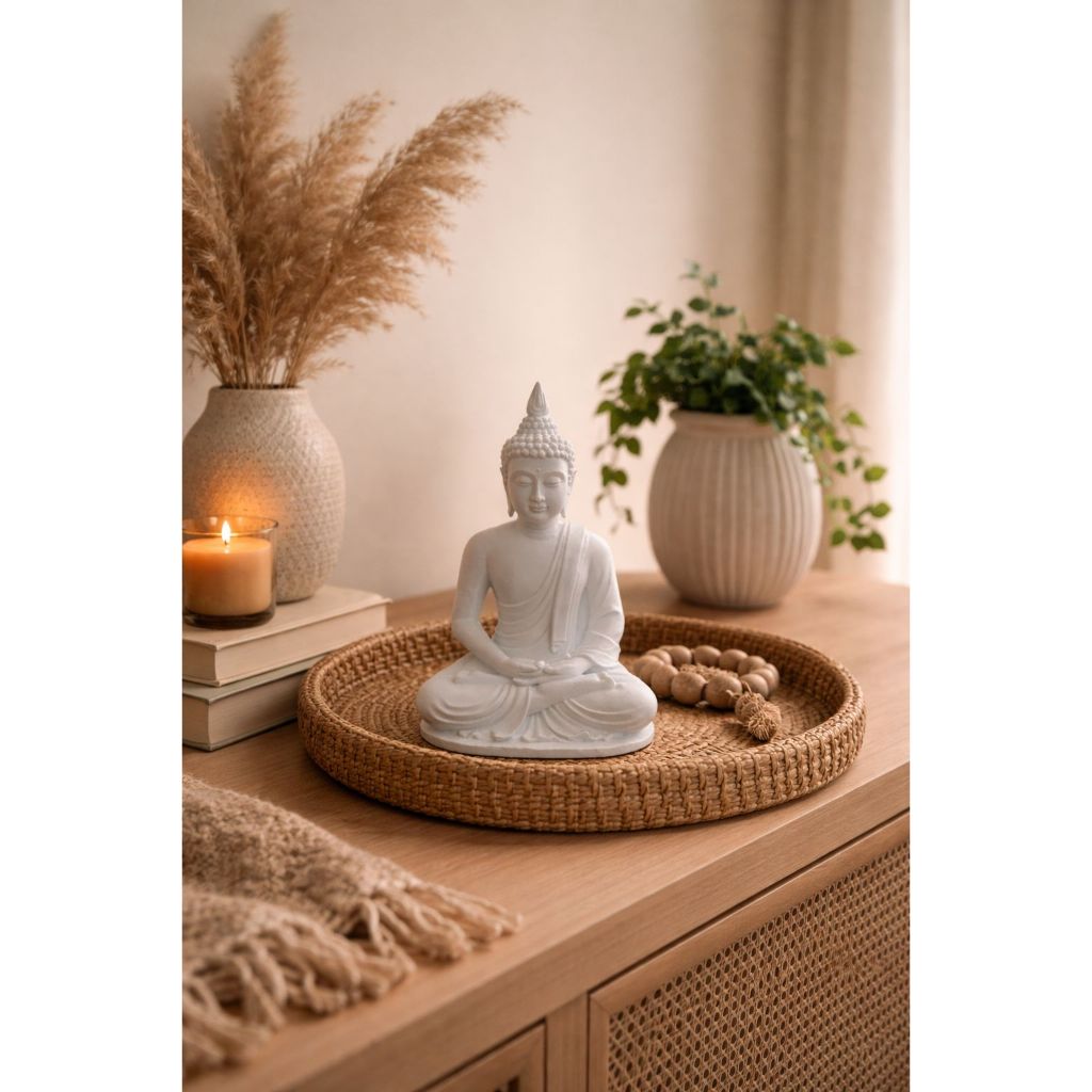 Imagem Estátua Buda Zen 12cm Branco – Decoração Oriental Minimalista para Sala Quarto Escritório