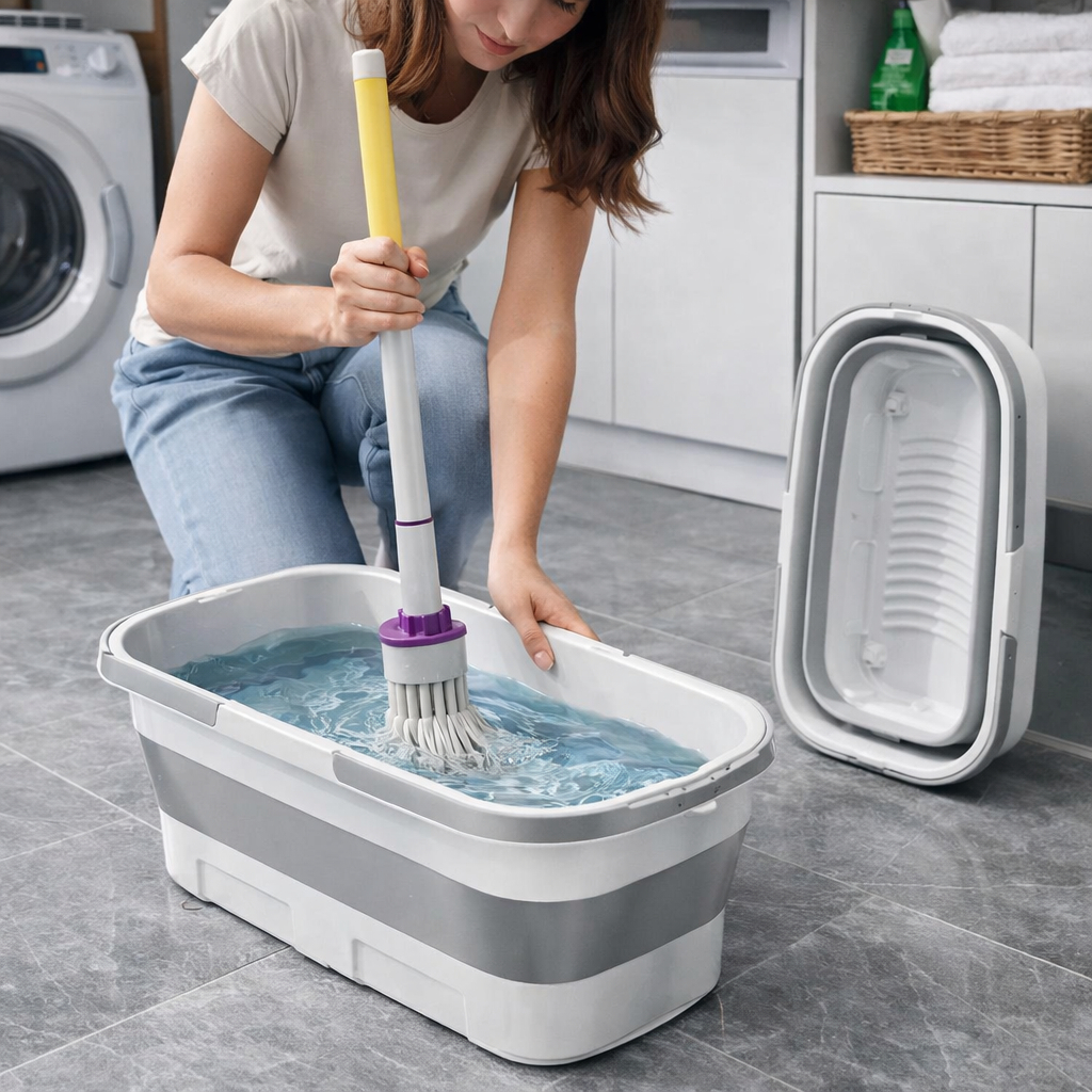 Balde Dobravel Retratil Silicone Retangular Com Alça 13L Para Limpeza Multiuso Fácil Armazenamento