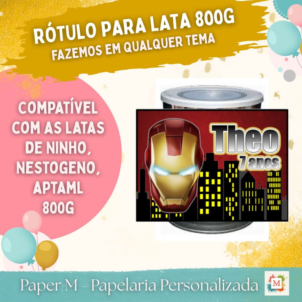 Rótulo Adesivo para Lata de Leite 800g Homem de Ferro/Iron man para lembrancinha de festa