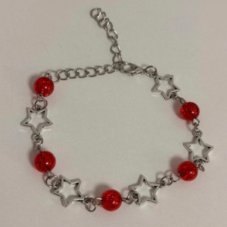 Pulseira Estrela Vermelha - Pulseira Y2K Ajustável Prata com Miçangas Vermelhas Gótica Aesthetic