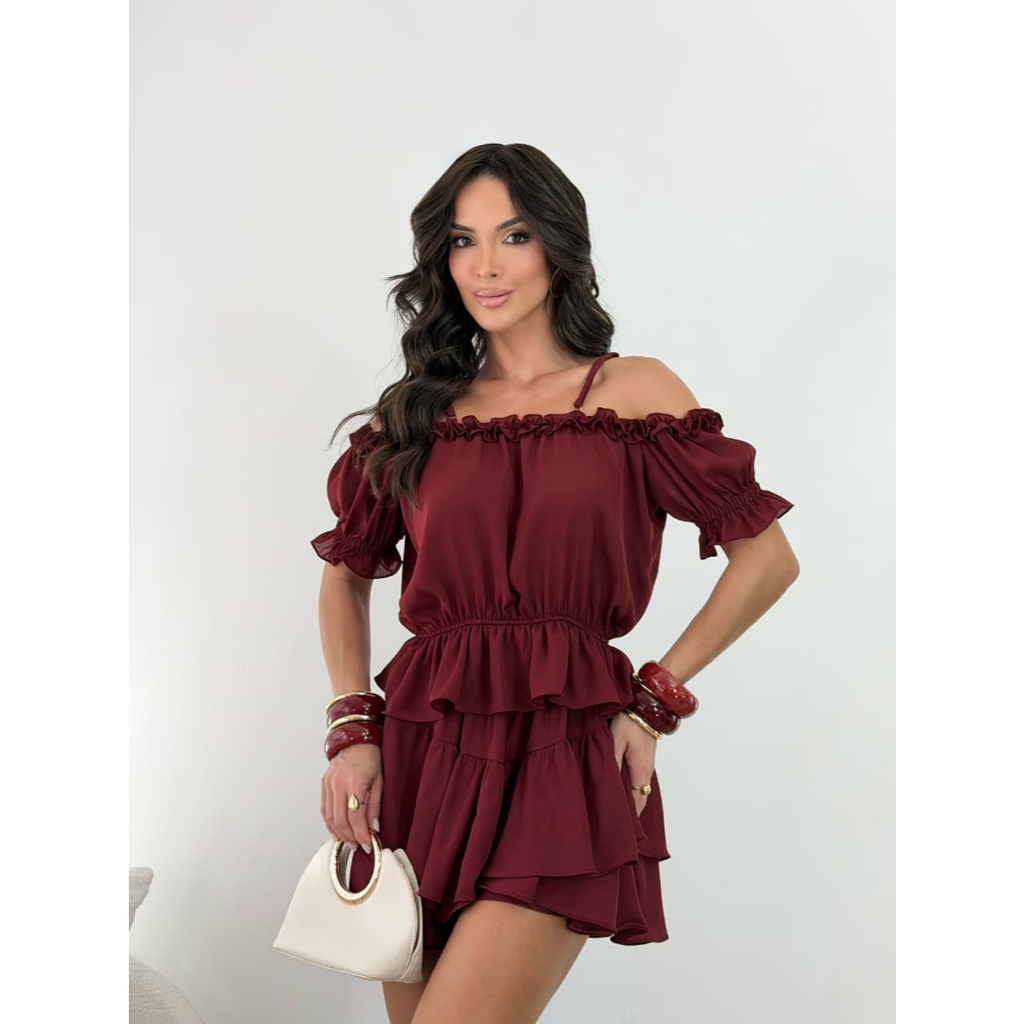 Conjunto Amelia  short saia cropped chiffon elegante babado casual