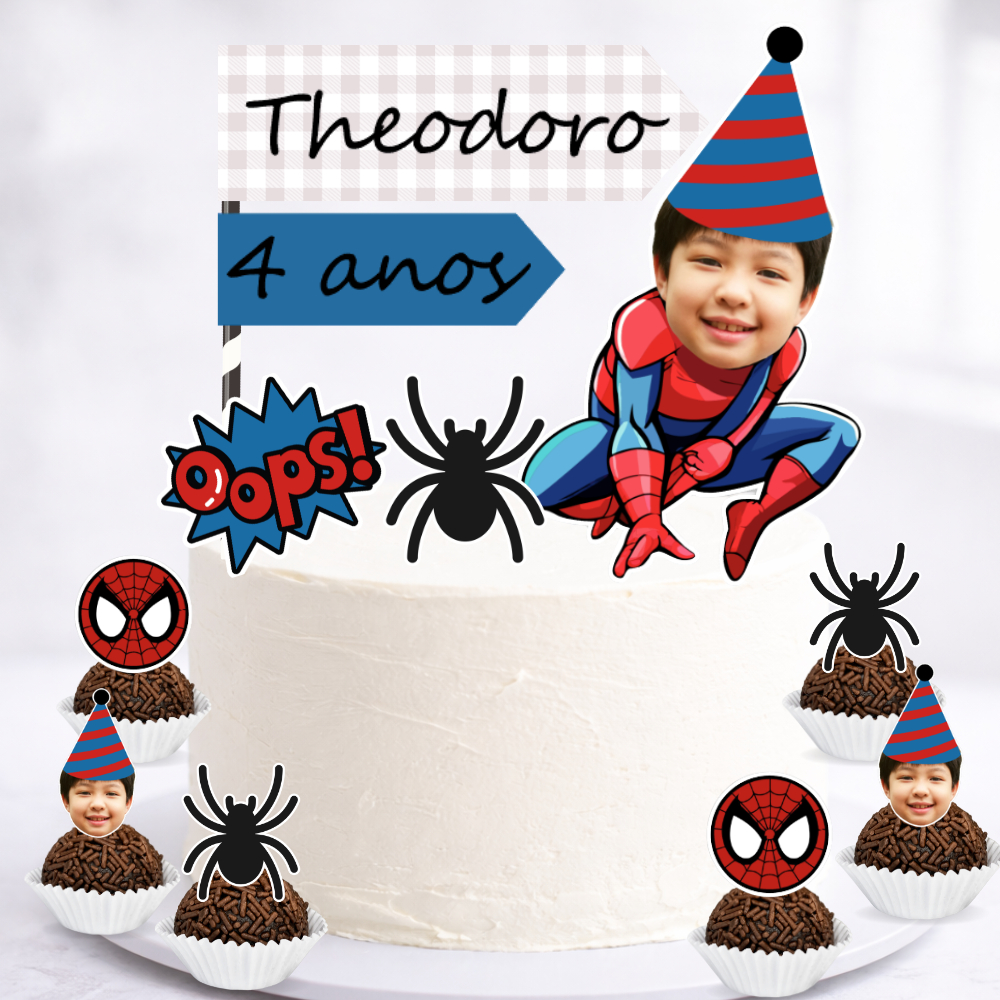 Kit Topo de Bolo Rostinho Homem Aranha Personagens + 20 Toppers pra doces Homem Aranha Spider Man