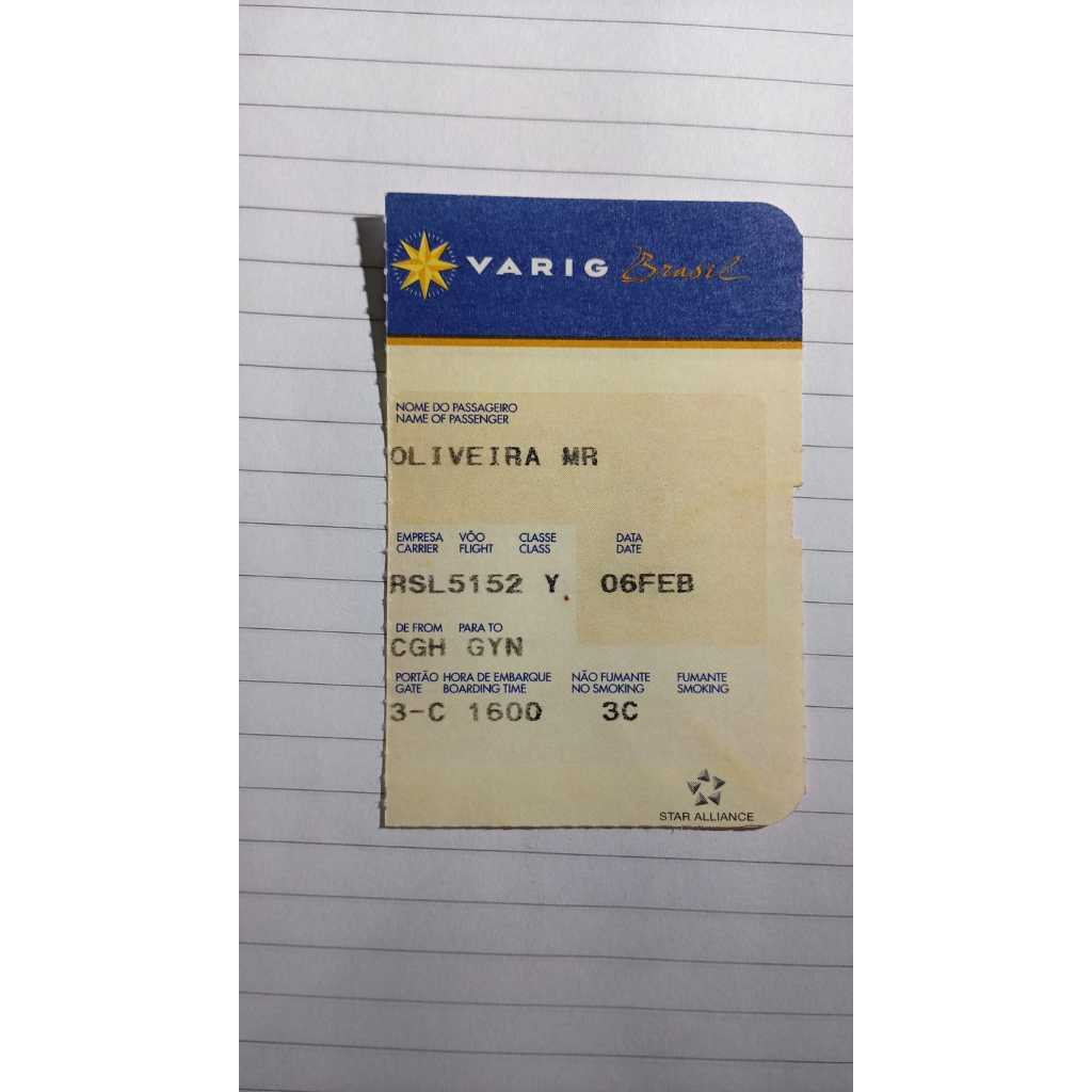 Cartão de Embarque – VARIG Brasil – Voo CGH → GYN