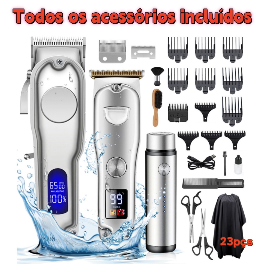 Máquina De Cortar Cabelo Acabamento Profissional Aparar Pelos Barba Sem Fio 23pçs
