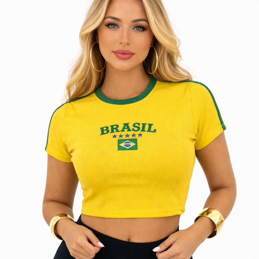 Cropped Brasil Feminino Torcedora Copa Canelado Bordado Manga Curta Verde Amarelo Tendencia em Oferta na Shopee