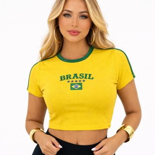 Cropped Brasil Feminino Torcedora Copa Canelado Bordado Manga Curta Verde Amarelo Tendencia em Oferta na Shopee