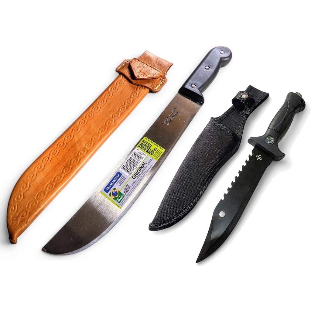Kit Facão Tramontina 12" Polegadas mato galho cana + Faca Tática Militar com bússola  e bainhas