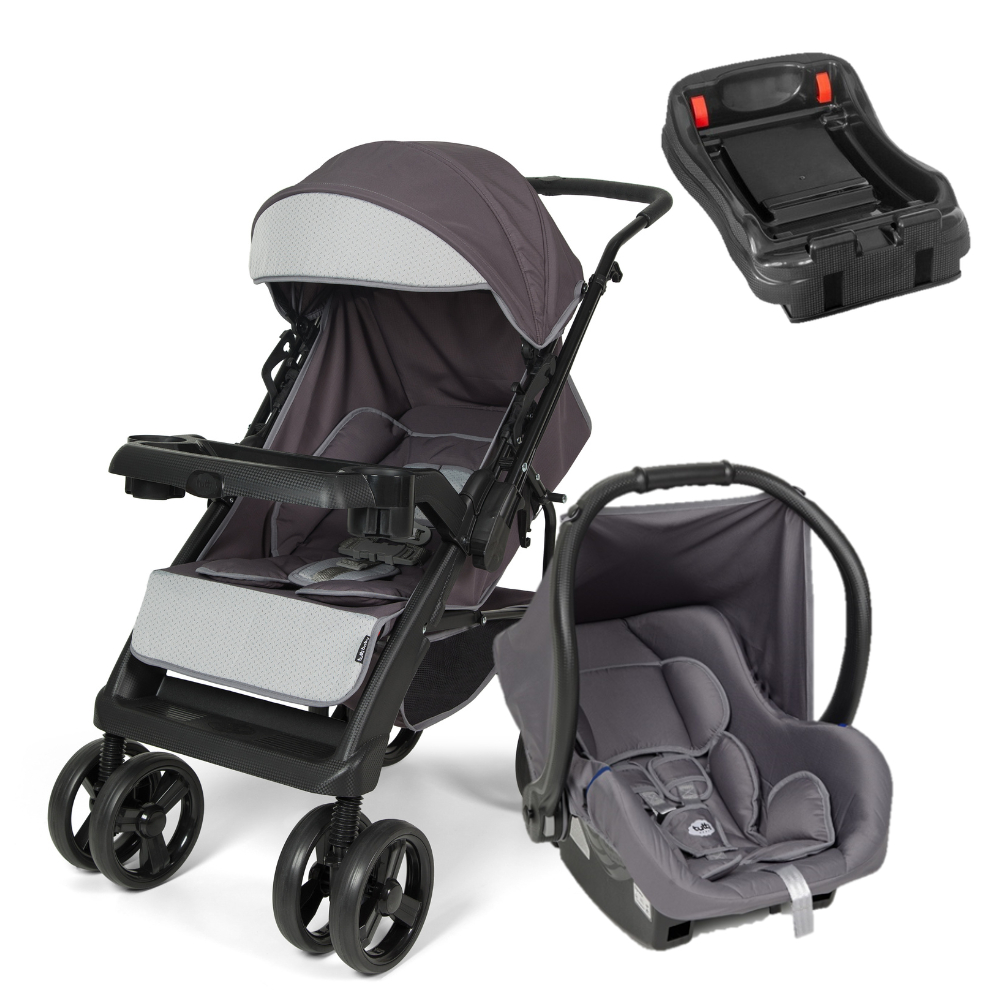 Carrinho Berço de Bebê 0 a 15kg Joy II Cinza e Bebê Conforto Ello + Base Tutti Baby