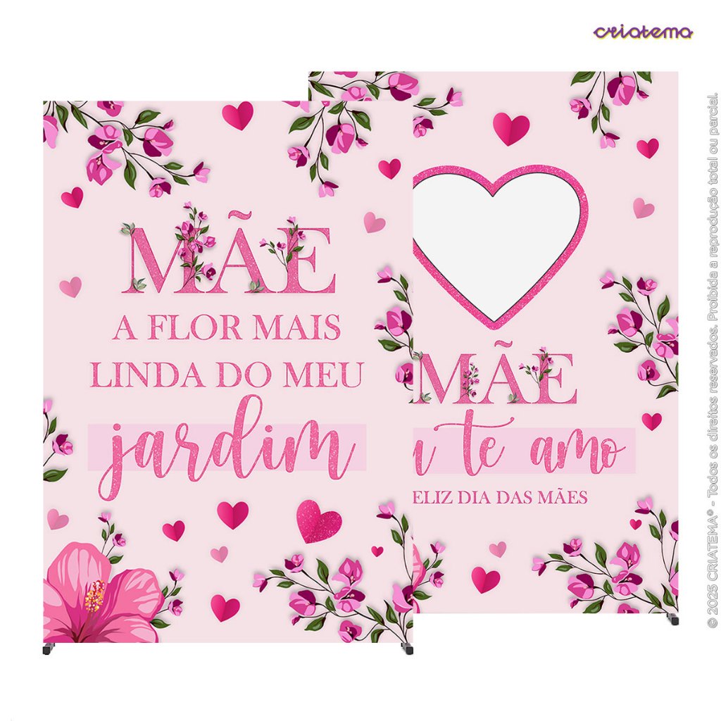 Kit Painel de Festa Retangular + Painel Interativo para Foto Decorativo Dia das Mães Sublimado Em Tecido Veste Fácil