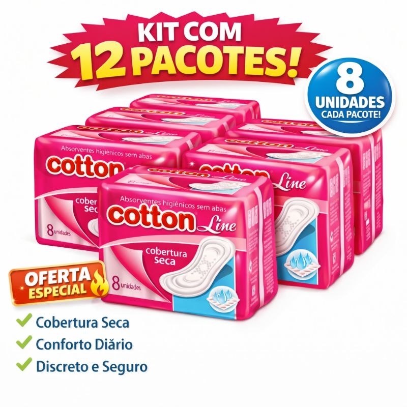 Kit Econômico 12 Absorventes Cotton Line Sem Abas Cobertura Seca 96 Unidades em Oferta na Shopee