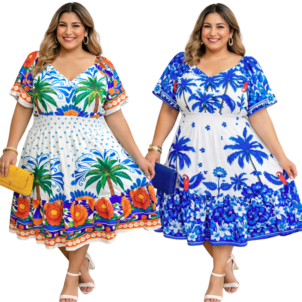 Vestido Mídi Feminino Plus Size Floral Manga Curta FlareTendencia 2026  Estampa FARM