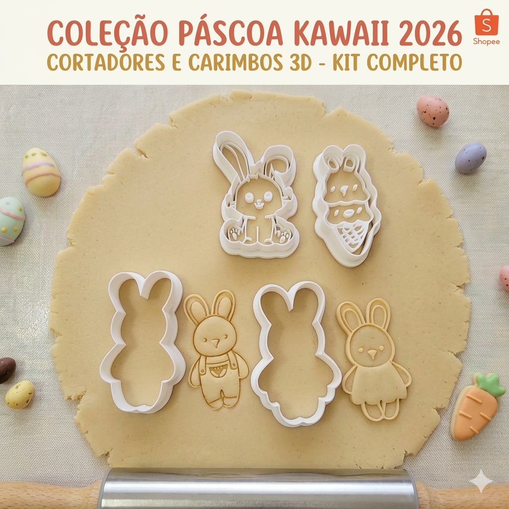 Cortador E Carimbo De Biscoito Páscoa Coelho Kit com 4 Completo Molde Cortador em 3D Coelhos Fofos