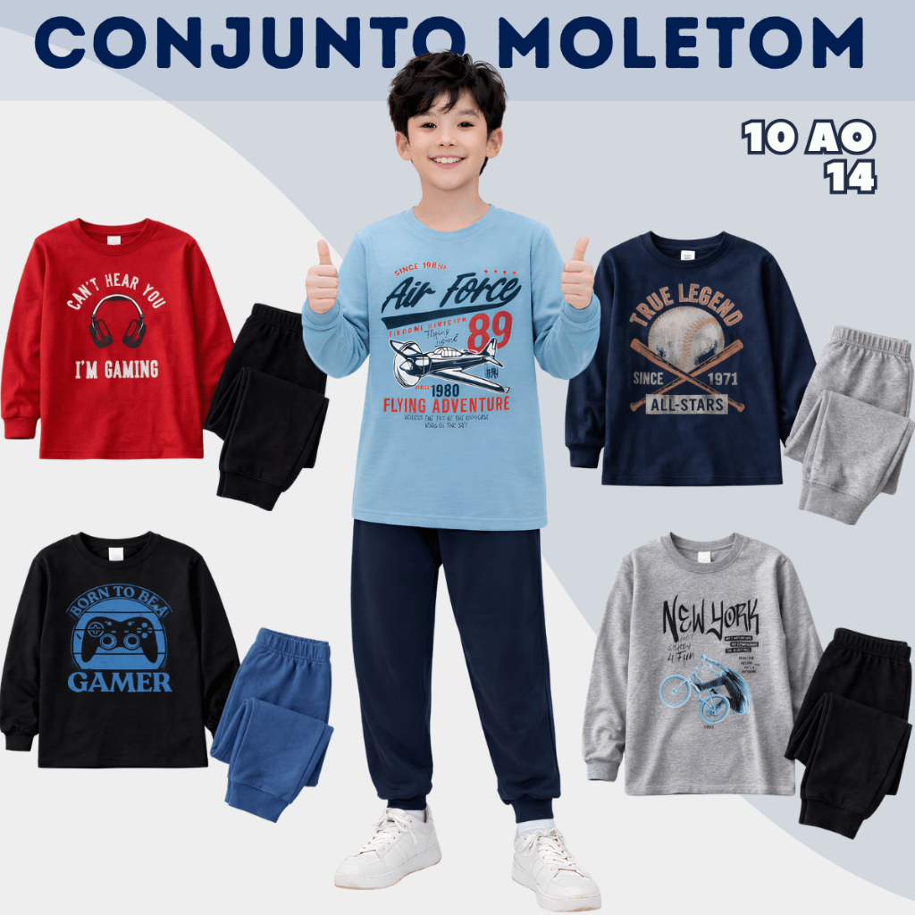 Conjunto Moletom masculino Frio Juvenil Algodão Confortavél macio Manga Longa 5 Estampas Adolescente
