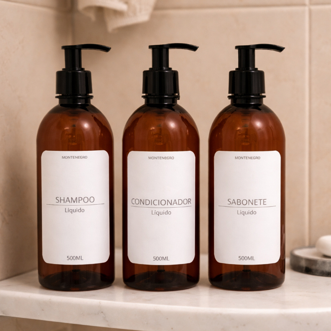 Kit Frascos Âmbar 500ml Para Shampoo/Condicionador/Sabonete Líquido + Envio Rápido