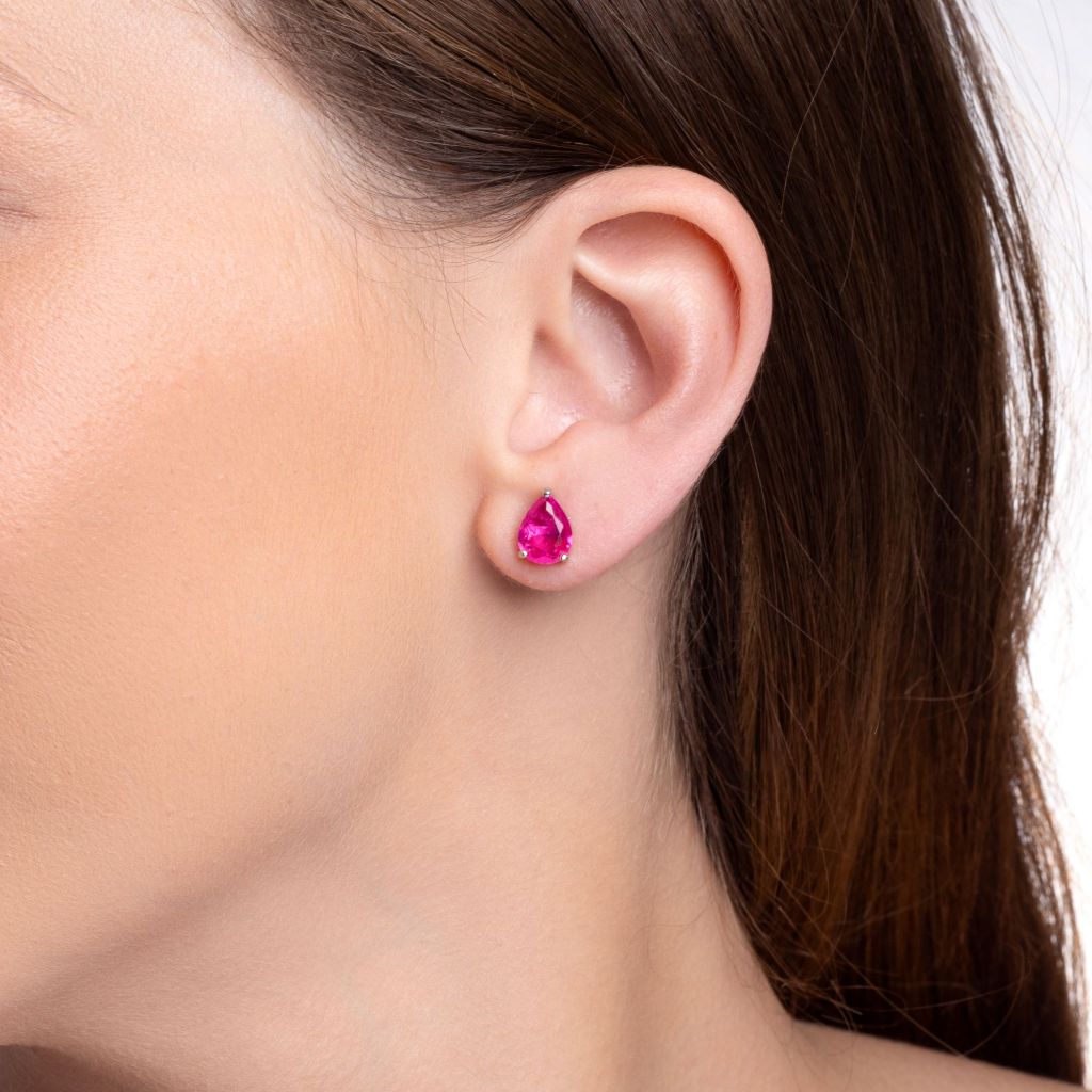 Brinco Mini Gota 7*9 Rosa Pink ou Turmalina Verde Banhado a Ródio Branco Ródio Negro ou Ouro 18k Feminino Semi Joias