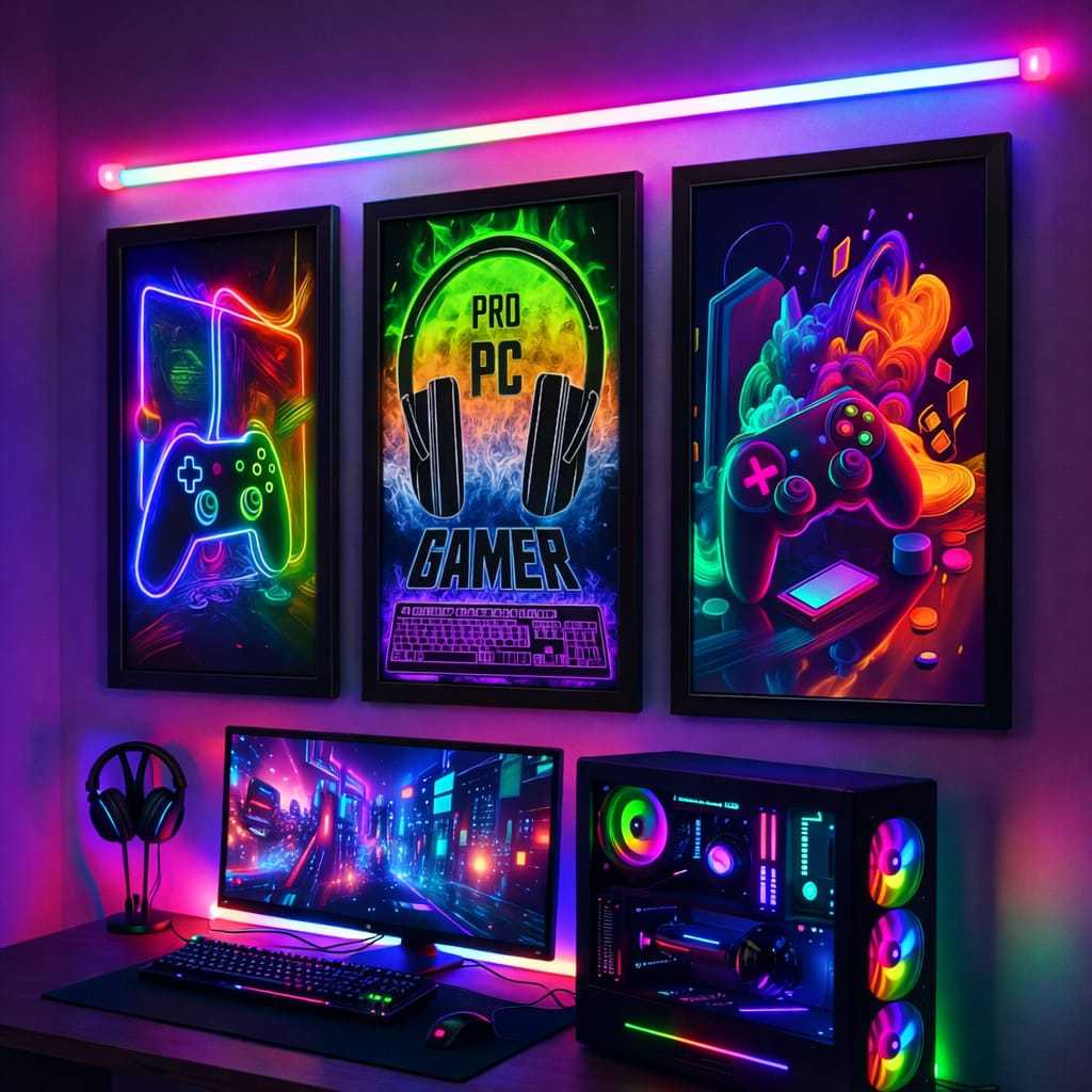 Kit 3 Quadros Gamer Neon RGB Controle Game | Decoração Quarto Gamer Setup PC Gamer Colorido em Oferta na Shopee