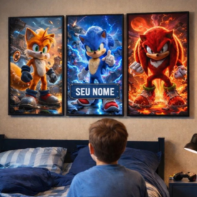Kit 3 quadros Sonic Quarto Menino Masculino Infaltil Infantis COM NOME Personalizado