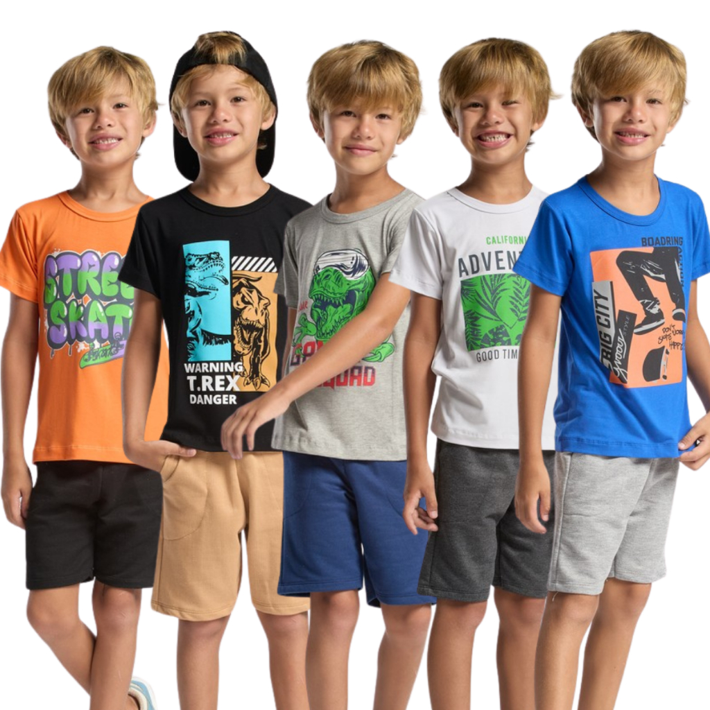 Kit 5 Peças Blusa Com Estampa Sortido Infantil Menino Criança Algodão Cotton Confortável Verão