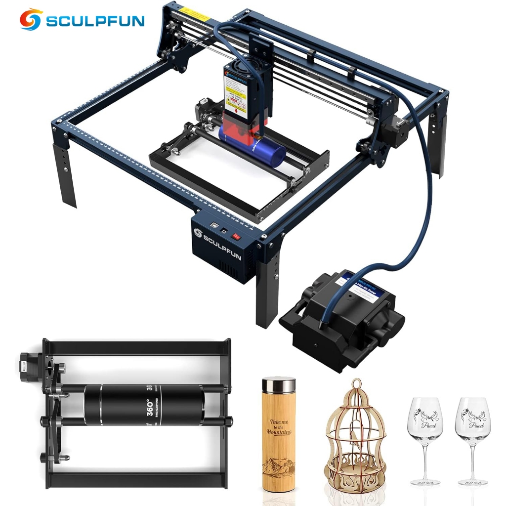 SCULPFUN S30 Pro Max Gravadora a Laser Automática de 20W com Assistência Pneumática + Conjunto de Rolos Rotativos