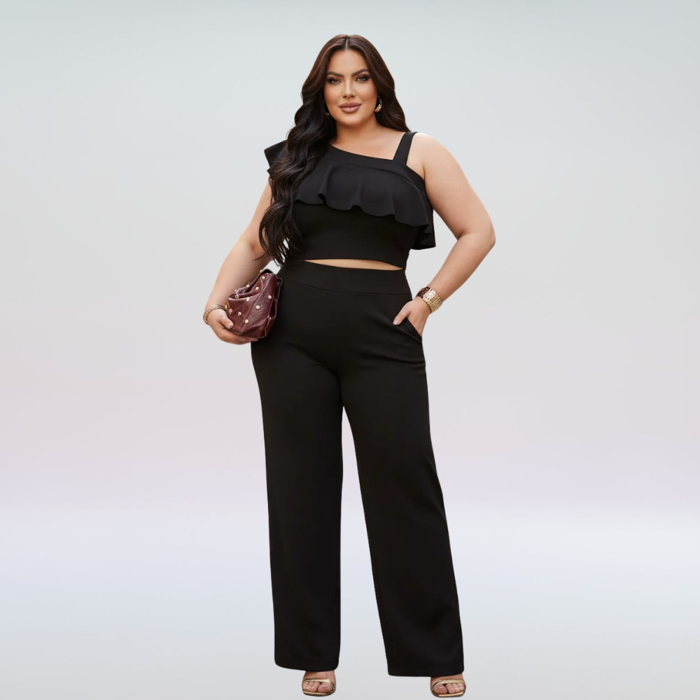Conjunto Feminino Plus Size Calça Reta Cintura Alta e Cropped Ombro Único Assimétrico Elegante