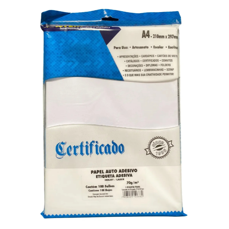 Papel Masterprint Auto Adesivo Etiqueta Ink Laser 70g M A4 100 Folhas Masterprint