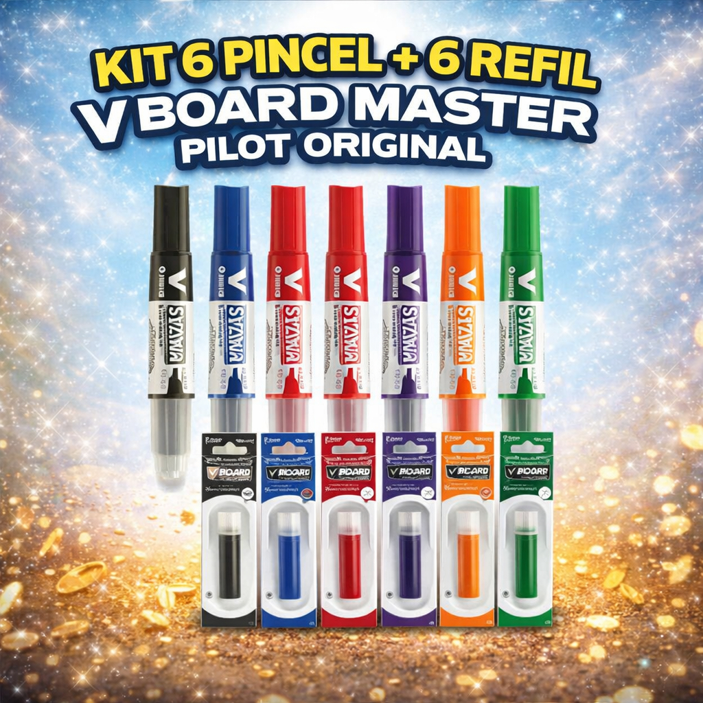 Kit 6 Caneta Marcador Pincel Quadro Branco Recarregável + 6 Refil Cartucho V-Board Master Pilot Alta Qualidade