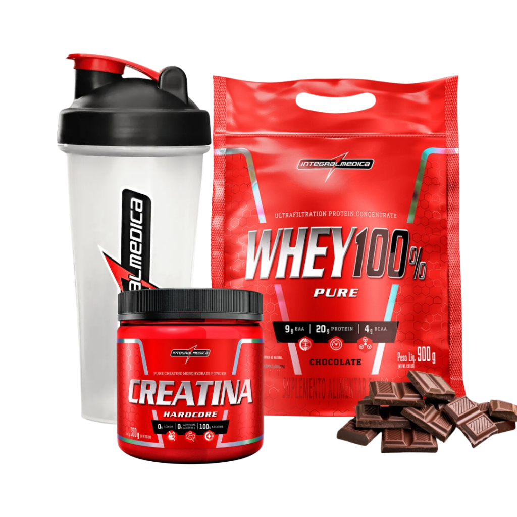 KIT WHEY 100% PURE CONCENTRADO REFIL 900G CHOCOLATE + CREATINA 300G + COQUETELEIRA - INTEGRALMEDICA