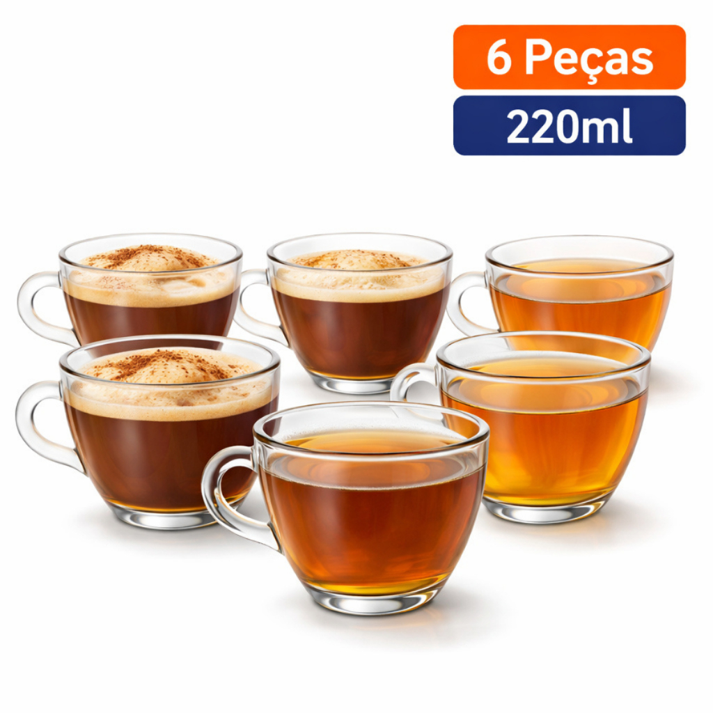 Jogo 6 Xicaras de Chá e Café em Vidro 220ml Grande Resistente Louça Cozinha Mesa Posta em Oferta na Shopee