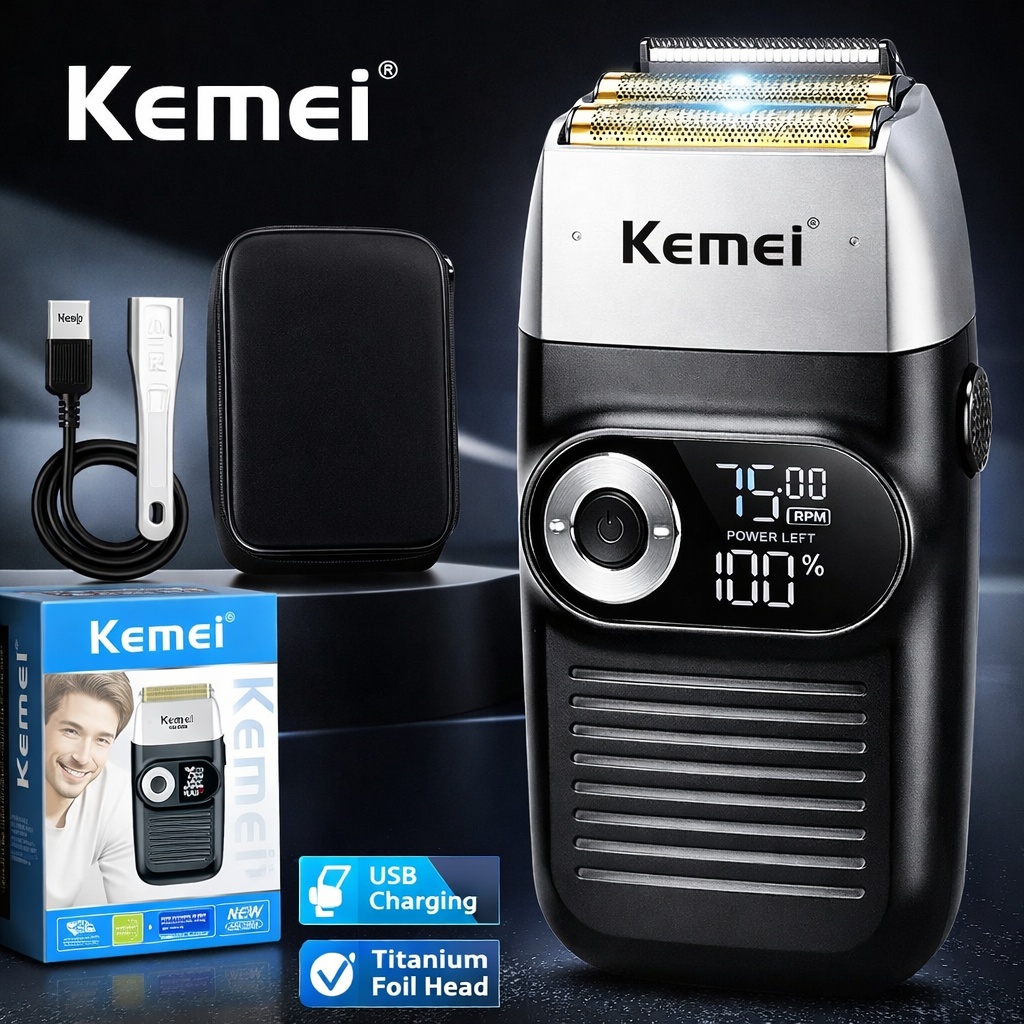 Barbeador Elétrico Shaver Kemei KM-2026 Sem Fio Recarregável USB Display Digital em Oferta na Shopee