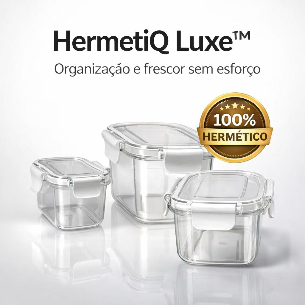 HermetiQ Luxe™ Kit 3 Potes Herméticos com Vedação Silicone BPA Free Empilháveis Organizador de Alimentos Geladeira e Mar
