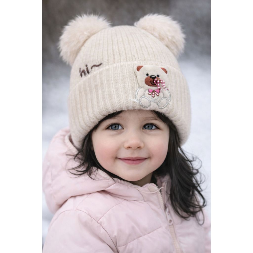Touca Gorro Infantil de Tricô Com Pompom De Orelhas Inverno Frio Ursinho de enfeite 1825
