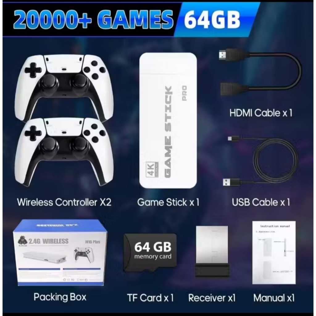 2025 NOVO Vídeo Game Stick M15 Pro 4k 64gb Hdmi Com 2 Controles Se Fio +20mil Jogos — imagem 2 de 2