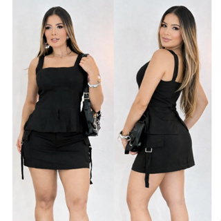 Conjunto Feminino Linho Premiun Casual Elegante Estilosa Short Saia Cargo Blusa Peplum Luxo em Oferta na Shopee